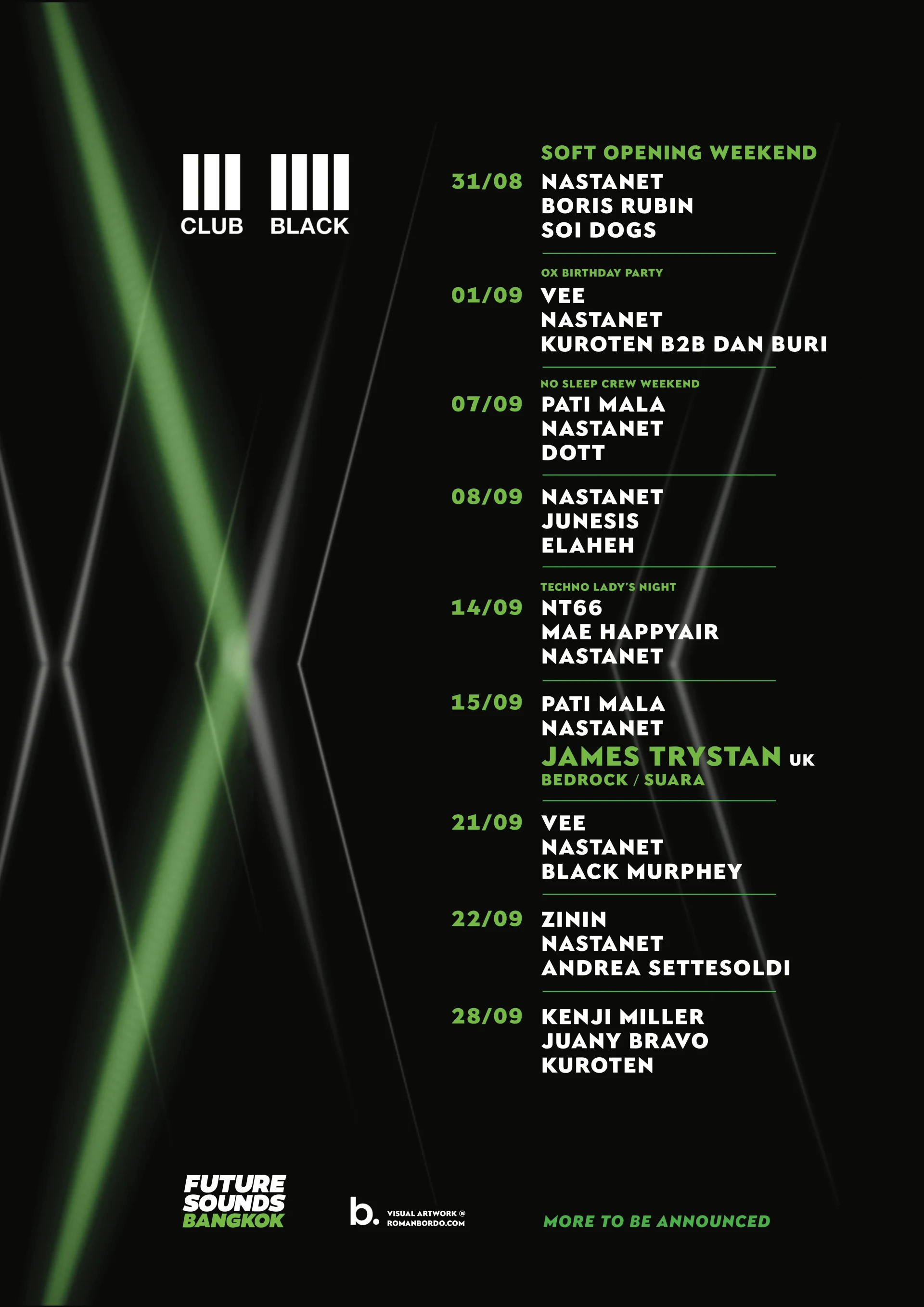 Vertical Club Black event lineup poster with green kinetic light trails.