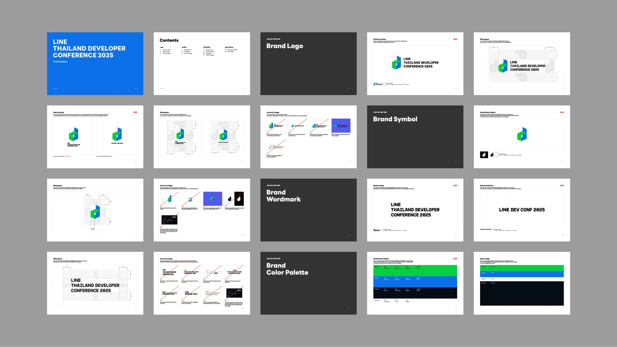 Event identity guidelines showing logo construction, typography, colour and layout rules.