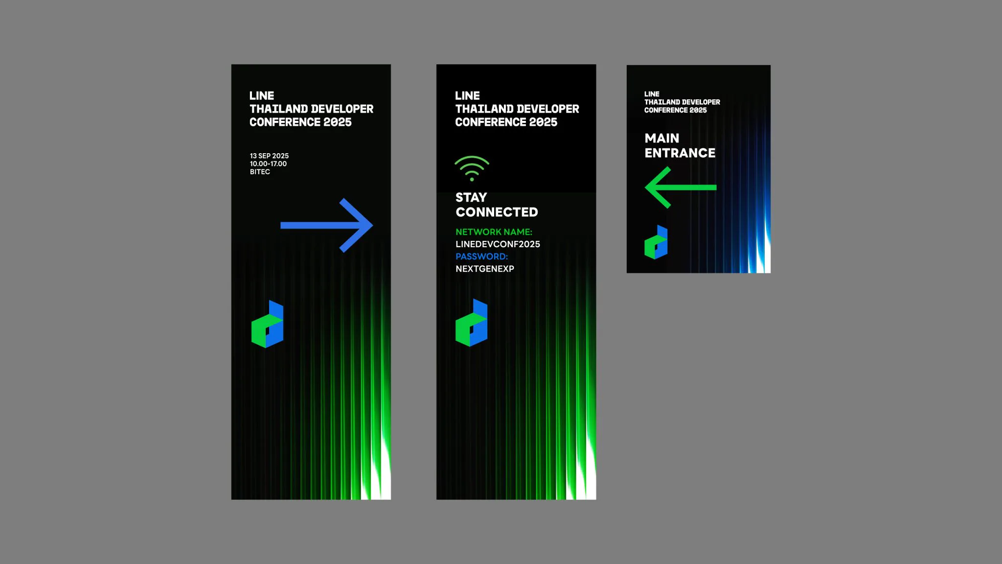 Wayfinding and signage system using blue, green and black event graphics.