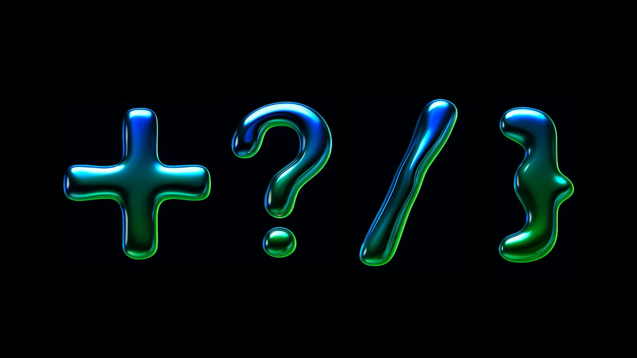 Liquid Syntax concept showing glossy plus, question, slash and brace symbols.