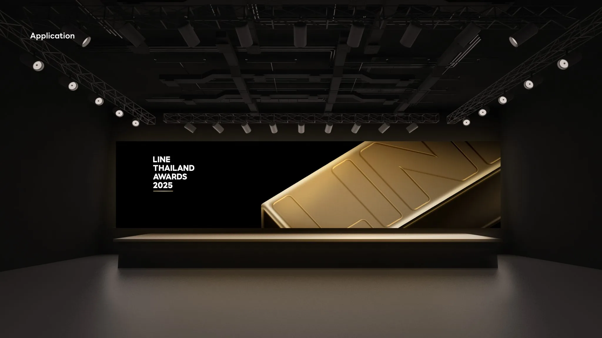 Stage-screen concept featuring the gold award geometry.